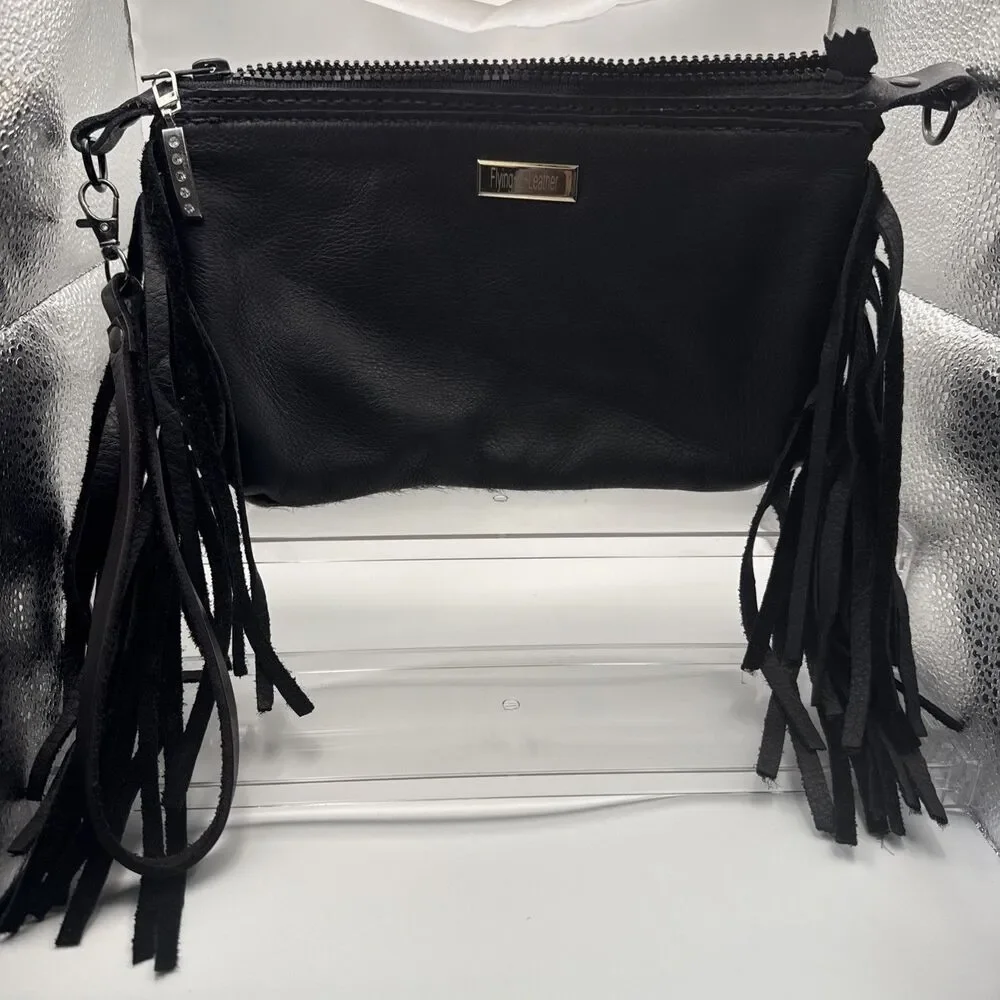 Flying Z Leather Cowhide Handbag Wristlet With Fringe Zip Closure Festival Exc C